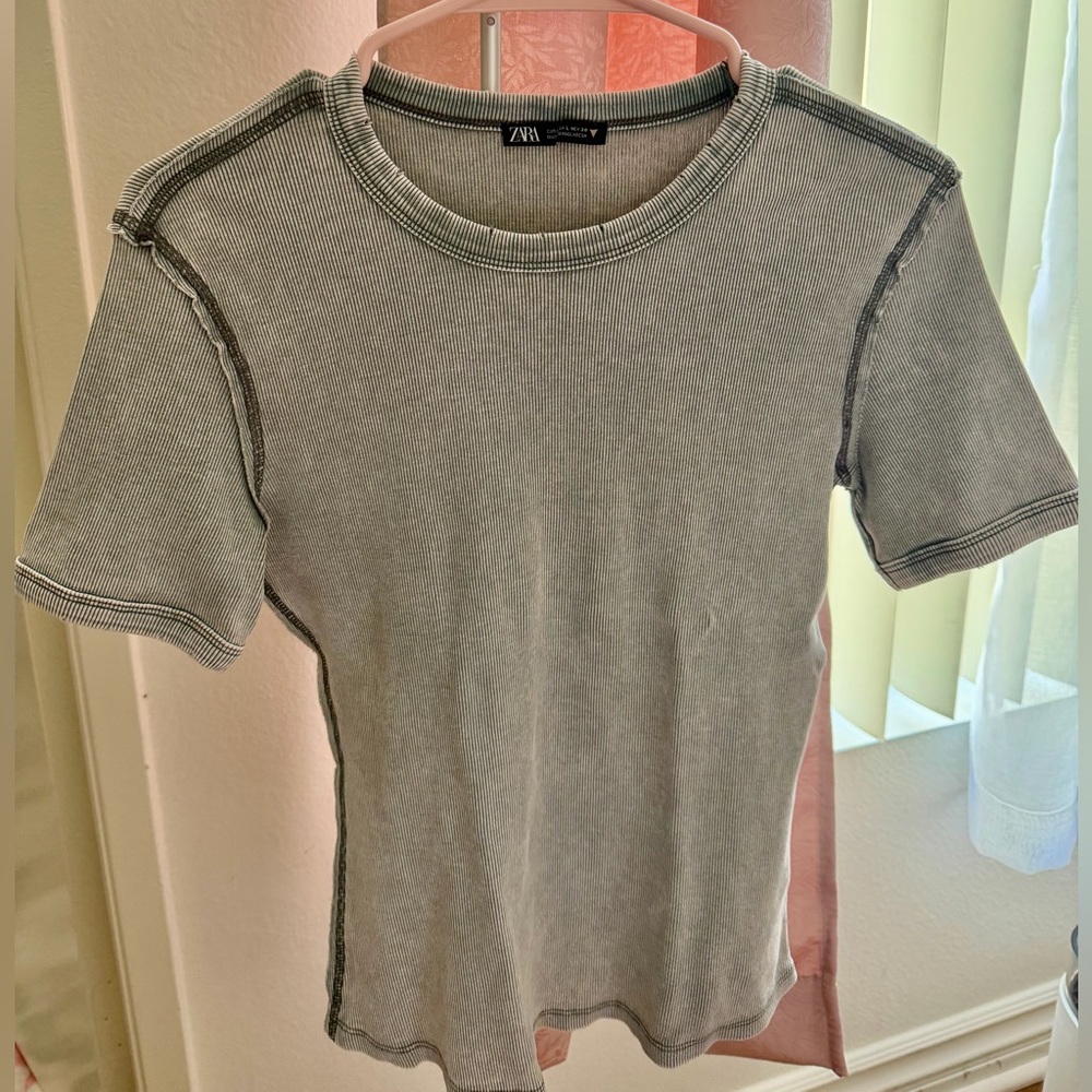 Zara Light Blue and Gray Ribbed Crewneck Short Sleeve Tee- 2 items